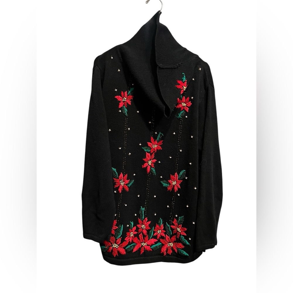 Black Sweater with embroidered  poinsettia flowers
